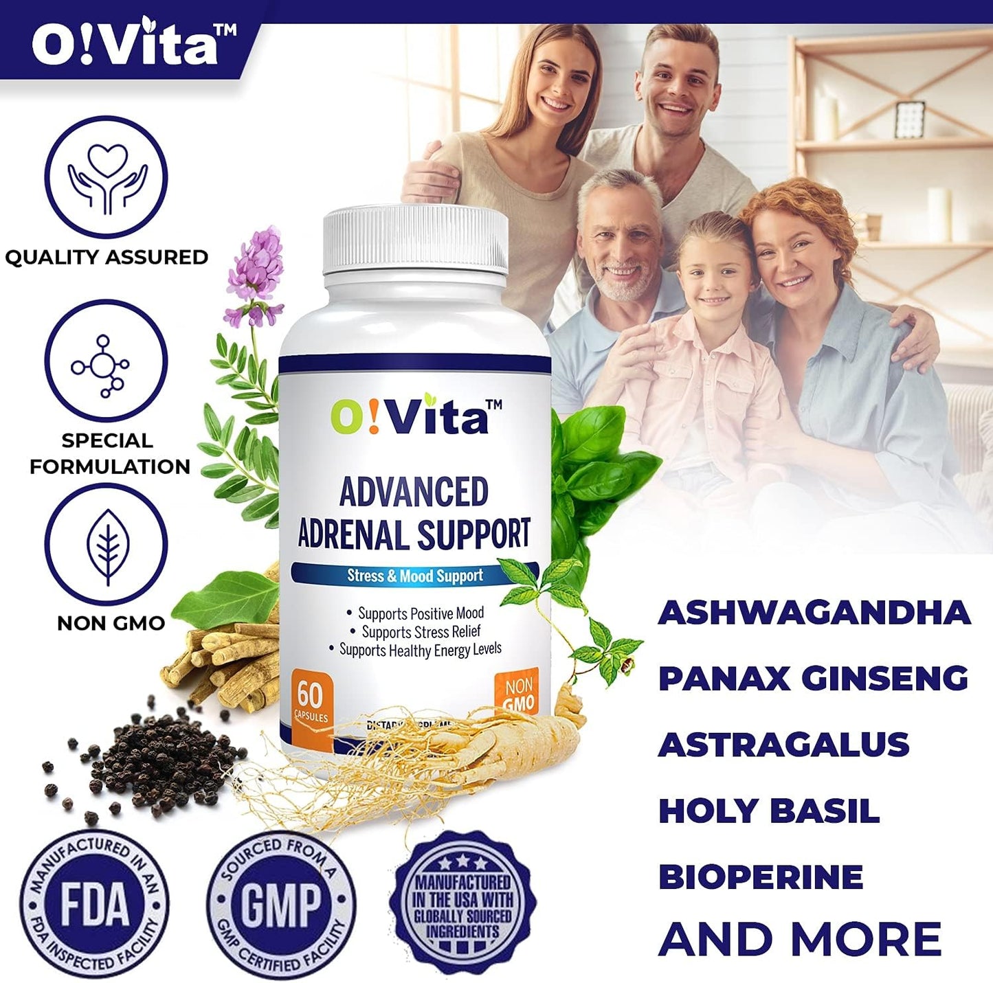 Adrenal Support Supplement with Ashwagandha & Ginseng - Promotes Adrenal Gland Health - 60 Capsules - 2 Month Supply
