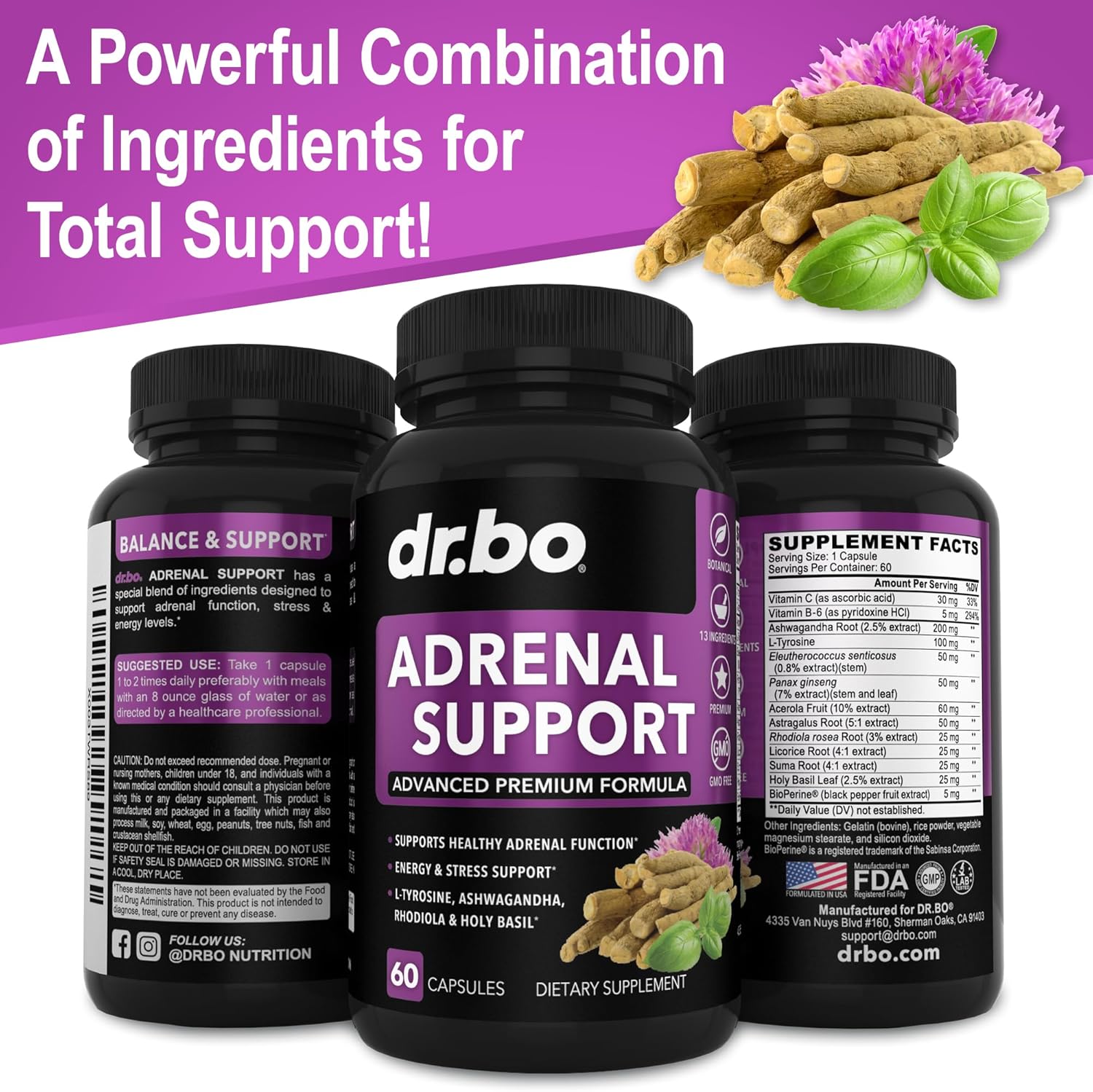 Adrenal Support Supplement with Ashwagandha & Rhodiola - Natural Fatigue Relief for Women & Men - 60 Pills