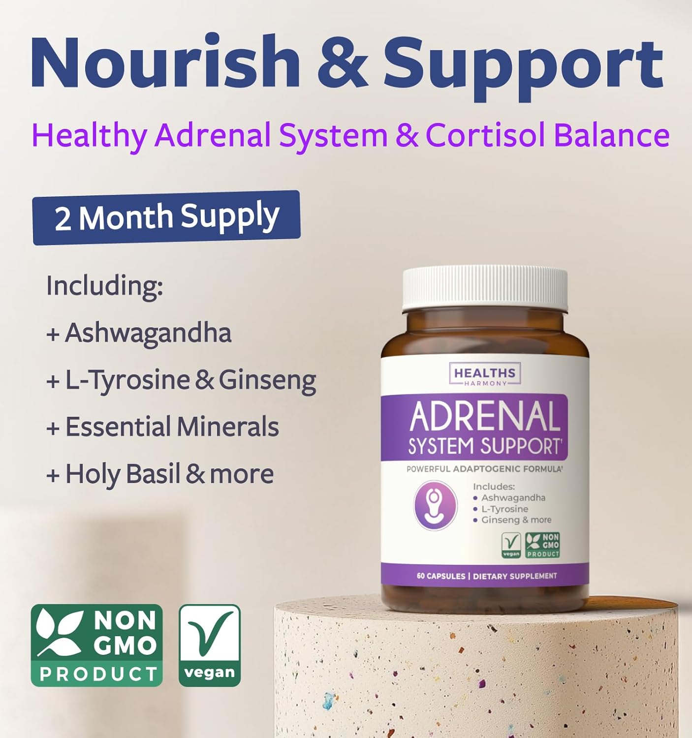 Adrenal System Support & Cortisol Manager - Ashwagandha & L-Tyrosine Supplement - Maintain Balanced Levels, Stress Relief - 2 Month Supply