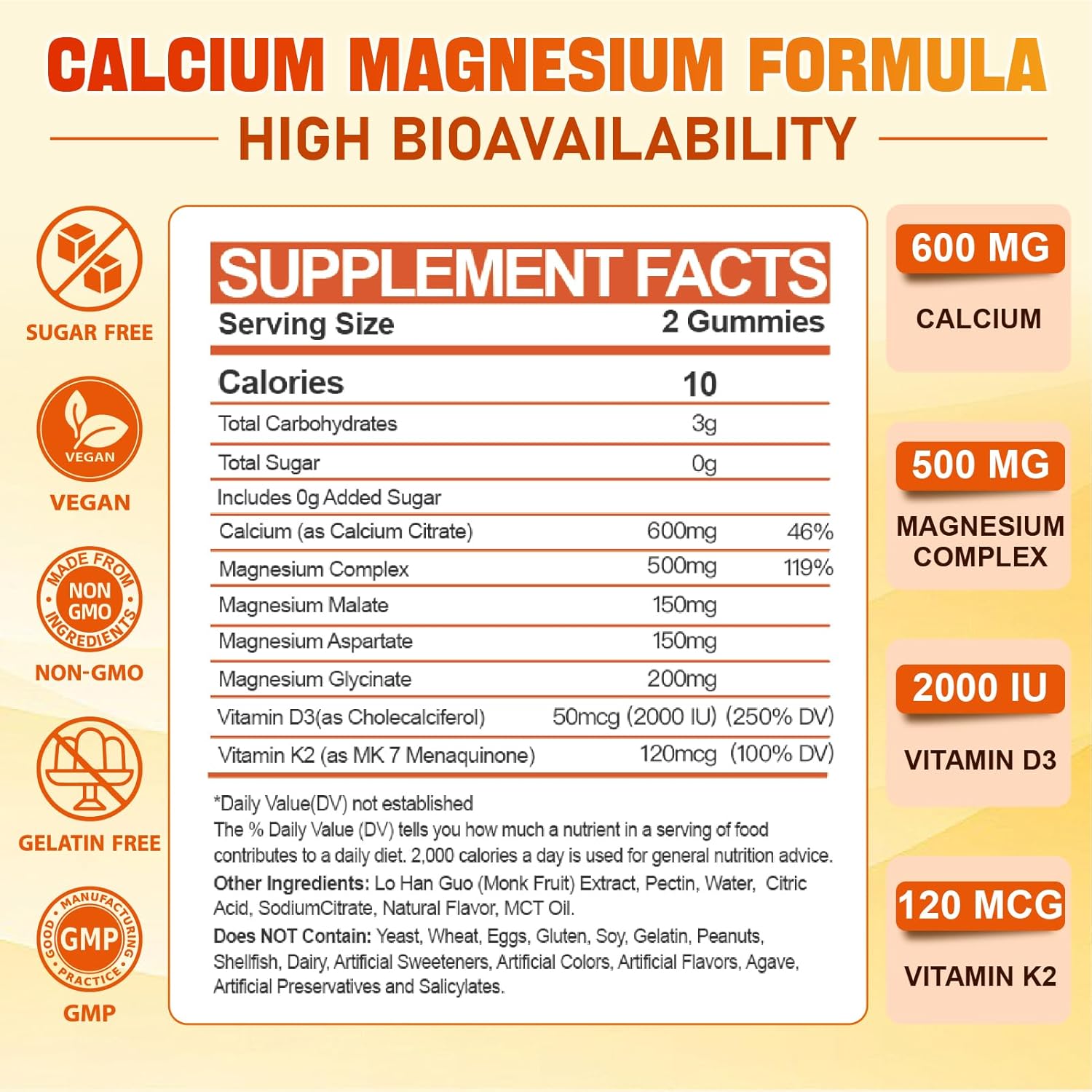 Adult Calcium Magnesium Gummies with Vitamin D3 & K2 - 600mg Calcium Citrate for Bone Health, Sleep, Energy, and Immune Support - 120 Count