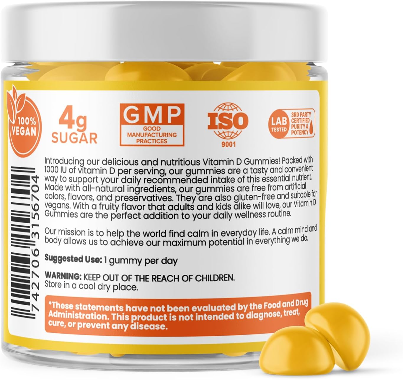 Adult Vitamin D3 Gummies for Bone and Immune System Support, Lemon Flavor - 30 Count by Calm by Wellness