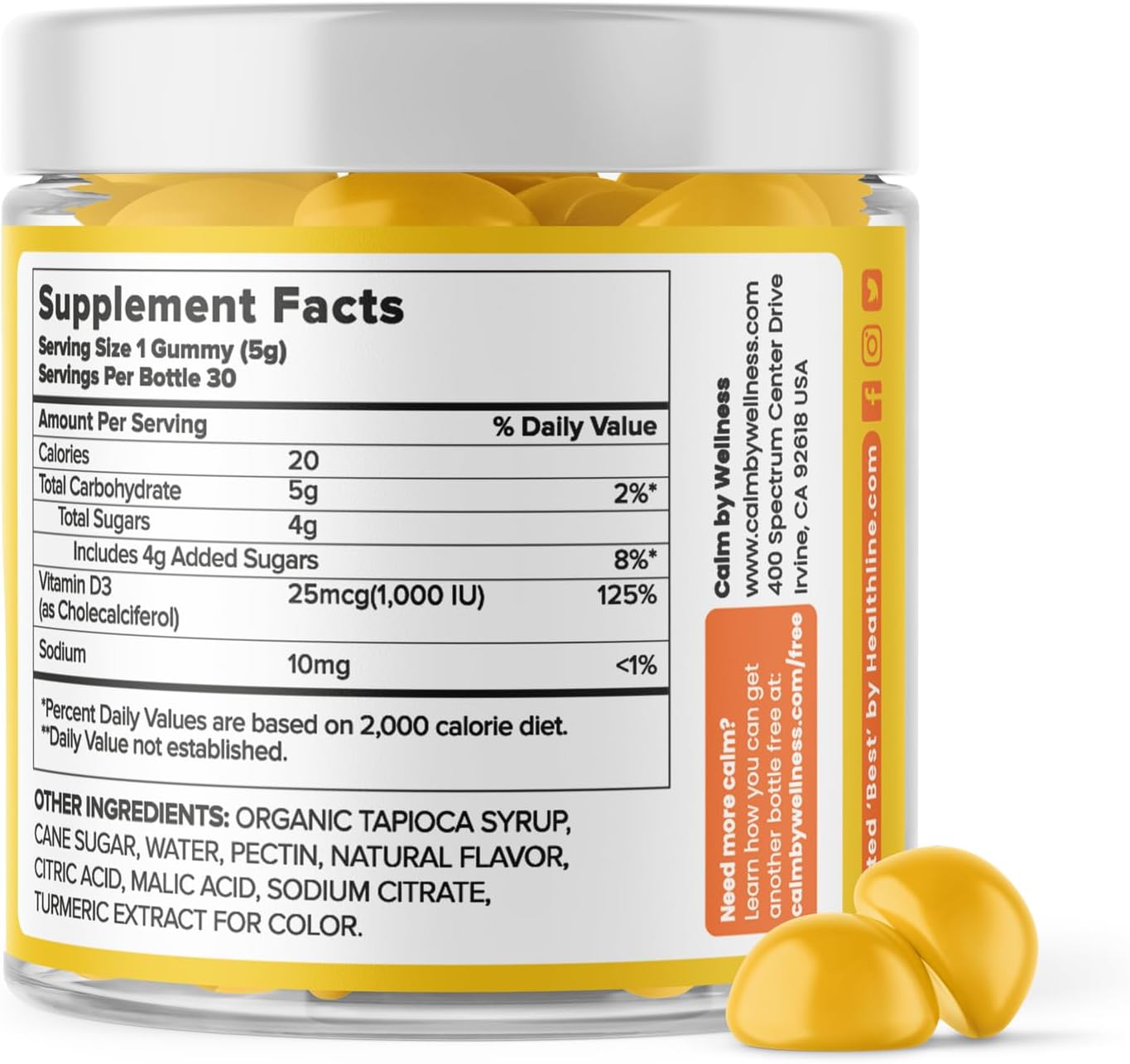 Adult Vitamin D3 Gummies for Bone and Immune System Support, Lemon Flavor - 30 Count by Calm by Wellness