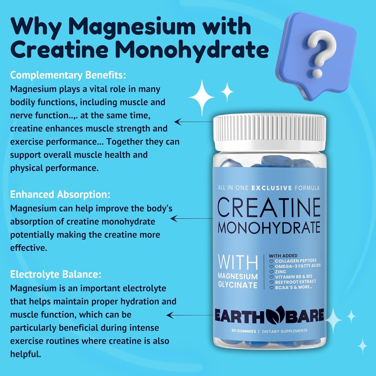 Adults Earth Bare Creatine Monohydrate and Magnesium Gummies with Beta Alanine, Collagen Peptides, L-Arginine, B Vitamins - 60 Gummies