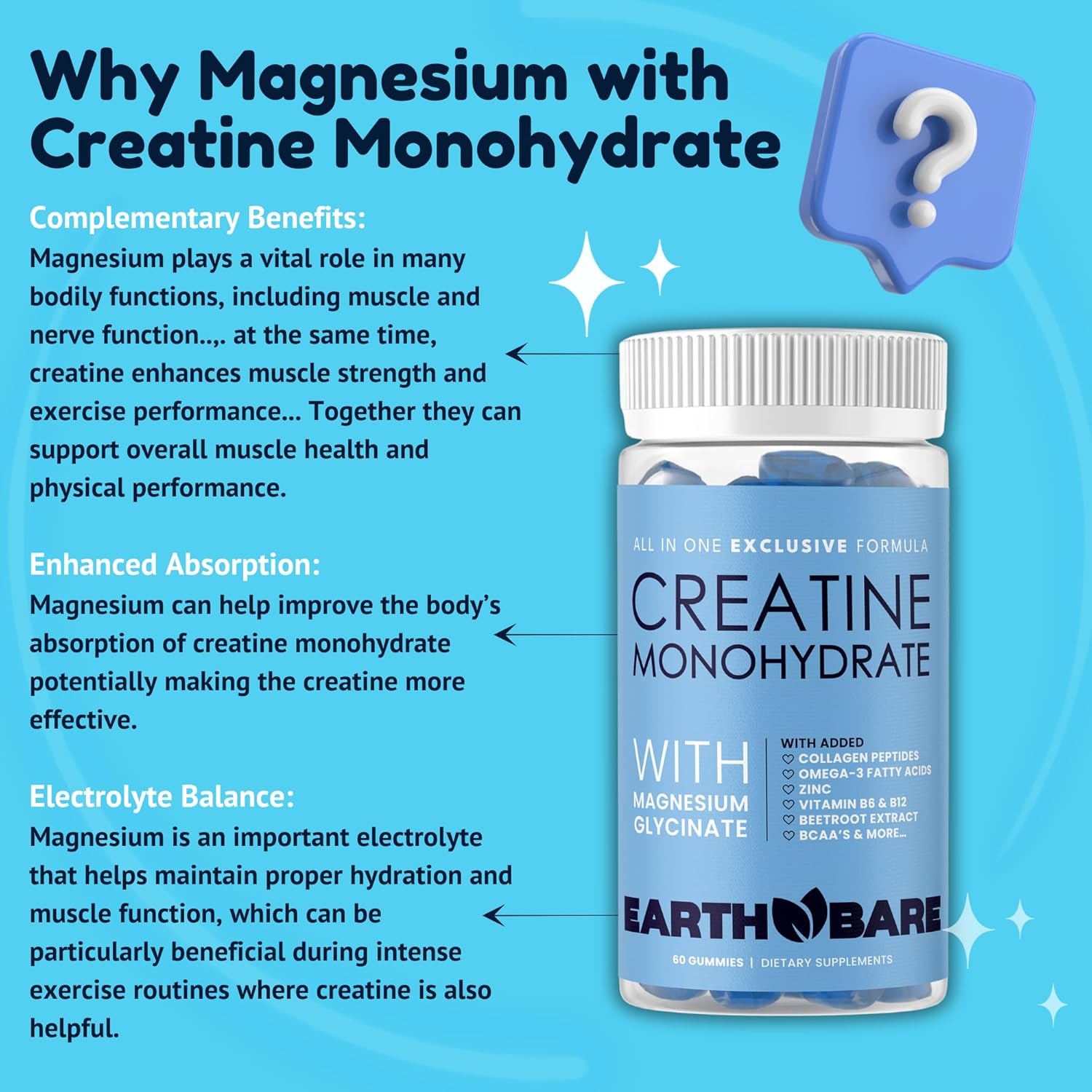 Adults Earth Bare Creatine Monohydrate and Magnesium Gummies with Beta Alanine, Collagen Peptides, L-Arginine, B Vitamins - 60 Gummies