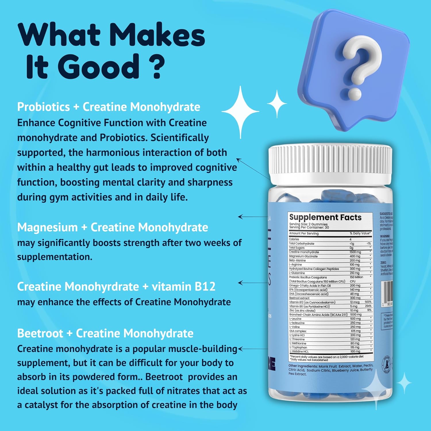 Adults Earth Bare Creatine Monohydrate and Magnesium Gummies with Beta Alanine, Collagen Peptides, L-Arginine, B Vitamins - 60 Gummies