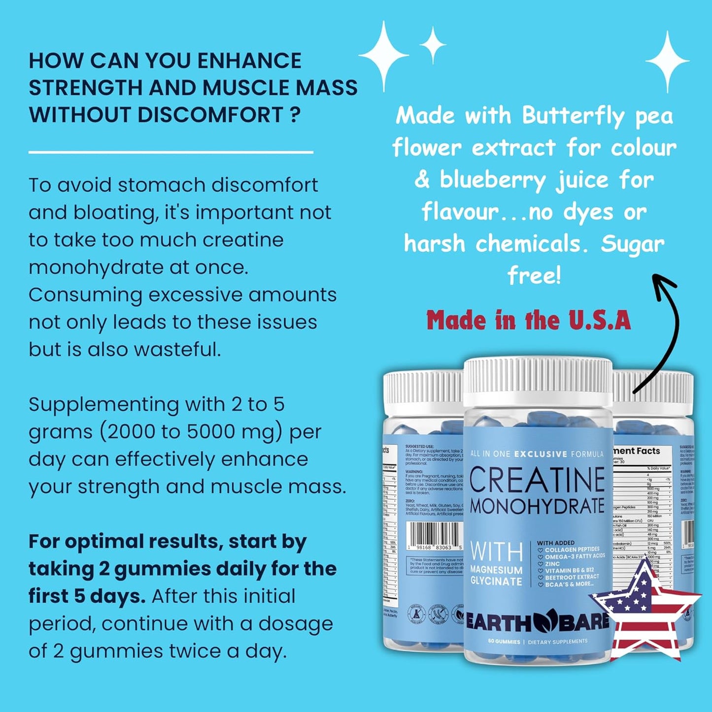 Adults Earth Bare Creatine Monohydrate and Magnesium Gummies with Beta Alanine, Collagen Peptides, L-Arginine, B Vitamins - 60 Gummies