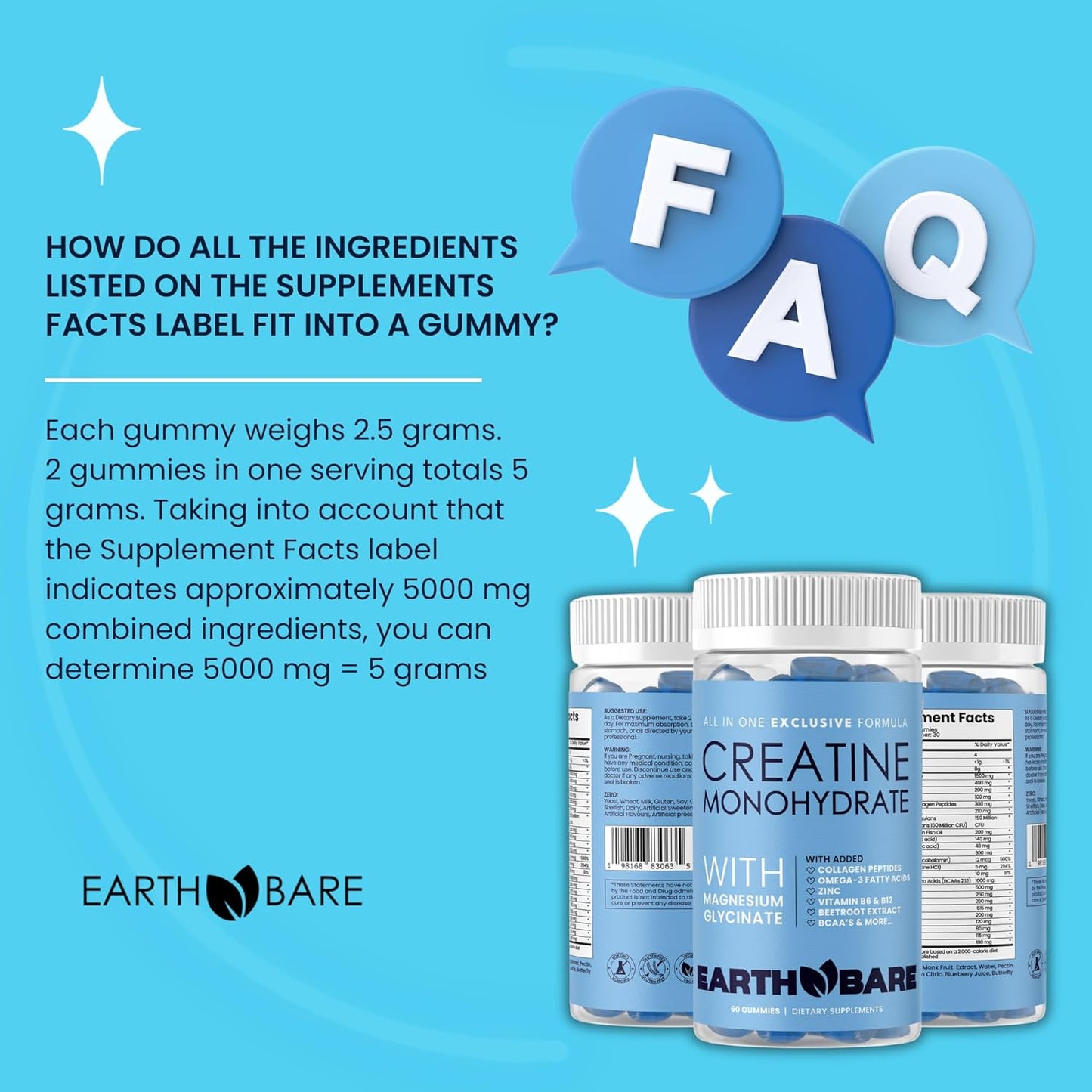 Adults Earth Bare Creatine Monohydrate and Magnesium Gummies with Beta Alanine, Collagen Peptides, L-Arginine, B Vitamins - 60 Gummies