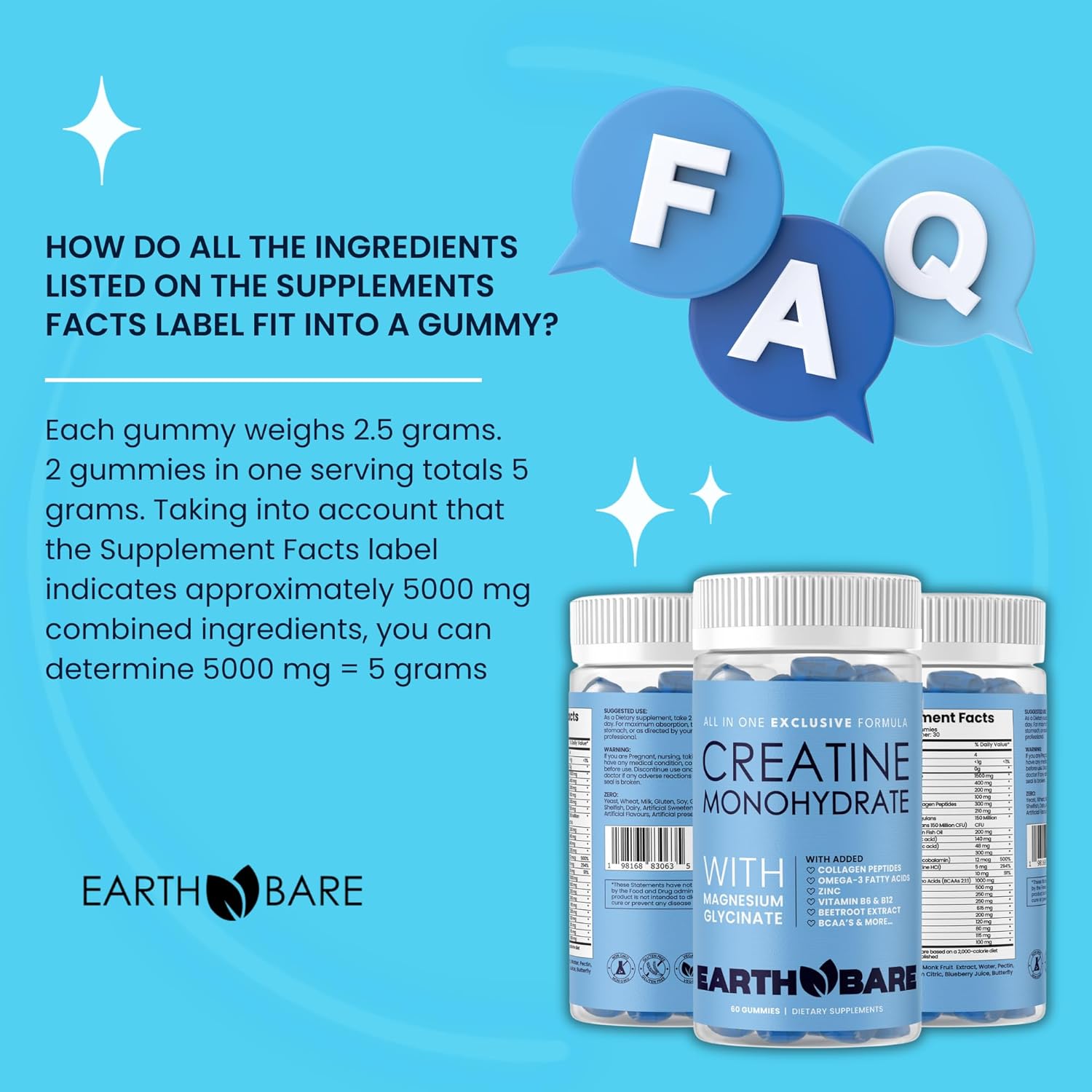 Adults Earth Bare Creatine Monohydrate and Magnesium Gummies with Beta Alanine, Collagen Peptides, L-Arginine, B Vitamins - 60 Gummies