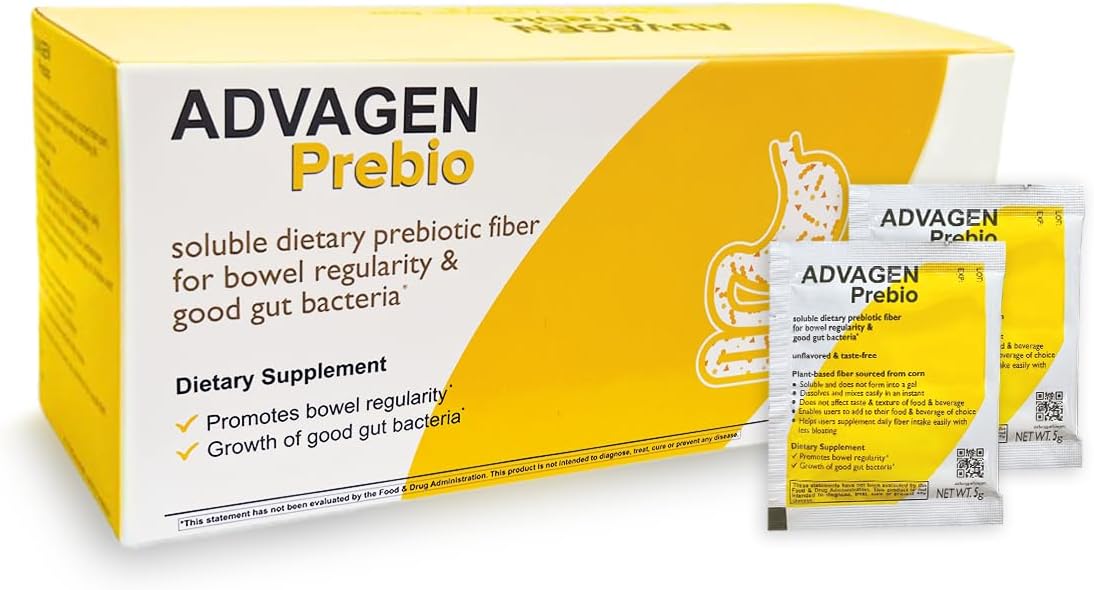 ADVAGEN Prebiotic Fiber Supplement Powder - Unflavored On-The-Go Packets, 30 Servings, Supports Digestive Health, Bloating and Constipation for Men and Women