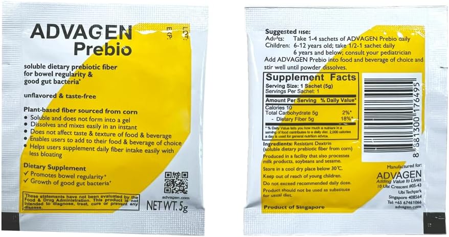 ADVAGEN Prebiotic Fiber Supplement Powder - Unflavored On-The-Go Packets, 30 Servings, Supports Digestive Health, Bloating and Constipation for Men and Women