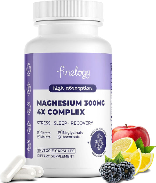 Advanced 4X Magnesium Complex Supplement - 300mg for Stress, Sleep, Muscle & Bone Health - High Absorption Chelated Glycinate, Citrate, Malate & Ascorbate - 90 Capsules