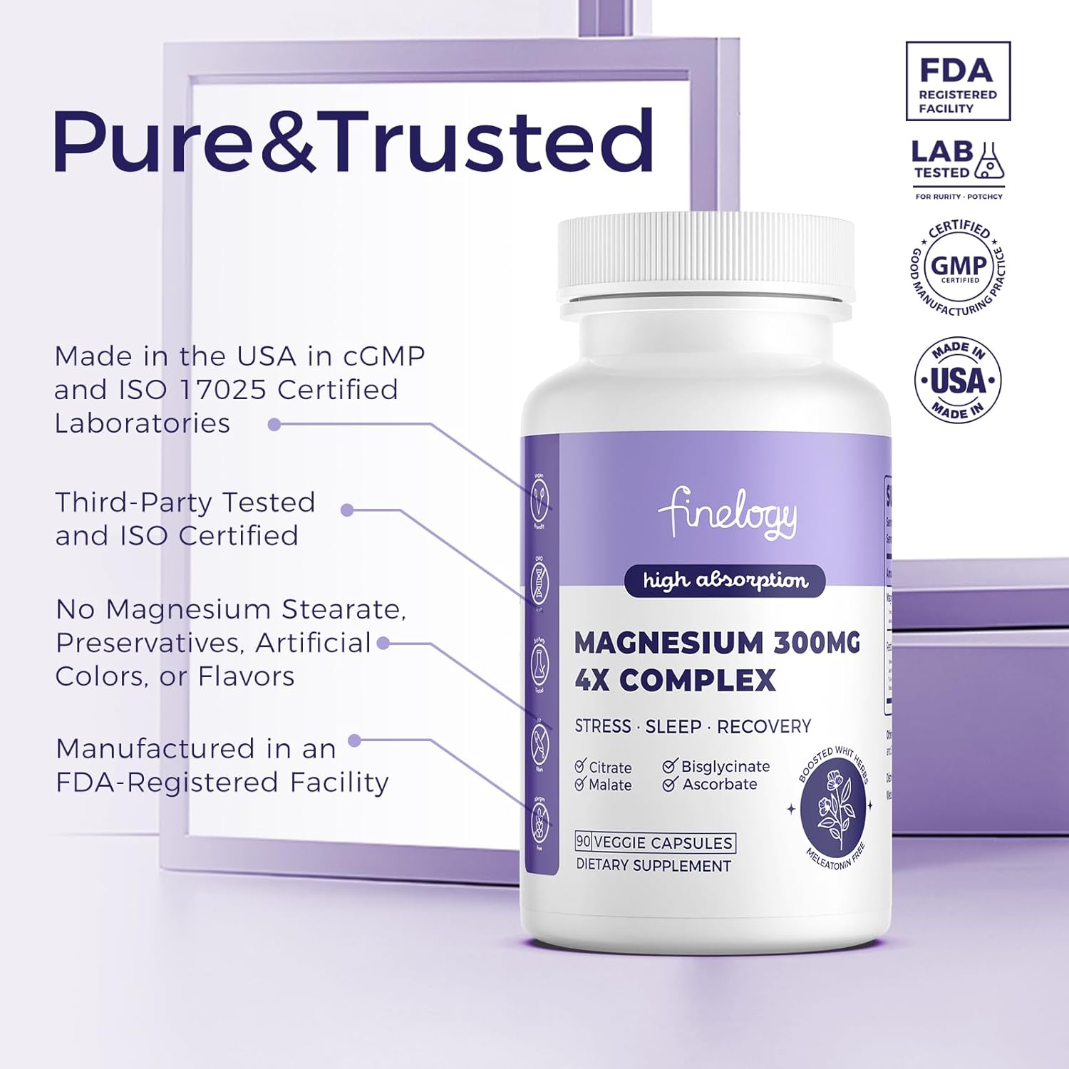 Advanced 4X Magnesium Complex Supplement - 300mg for Stress, Sleep, Muscle & Bone Health - High Absorption Chelated Glycinate, Citrate, Malate & Ascorbate - 90 Capsules