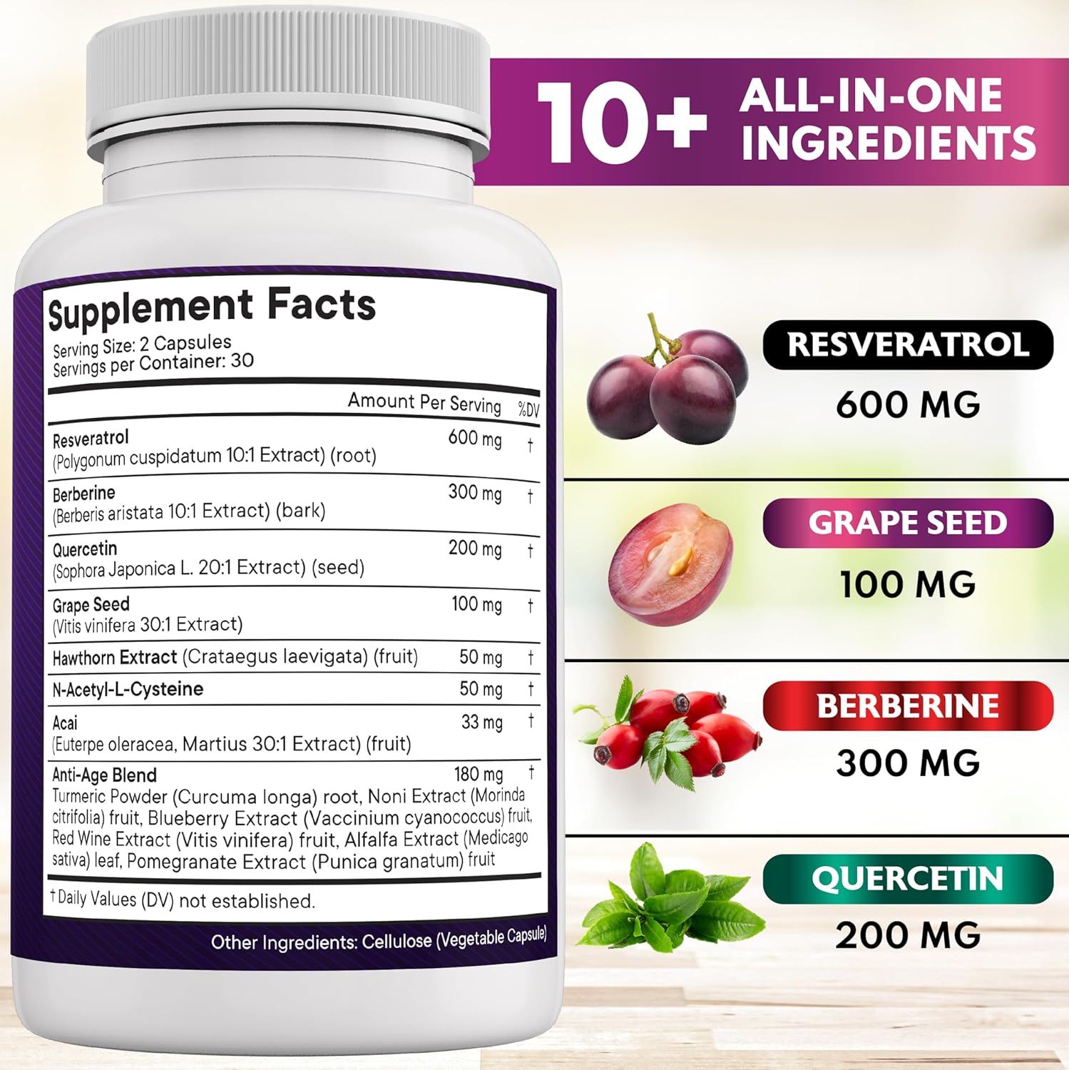 Advanced Antioxidant Supplement for Men and Women with Resveratrol, Berberine, Grape Seed Extract, and More - 180 Capsules