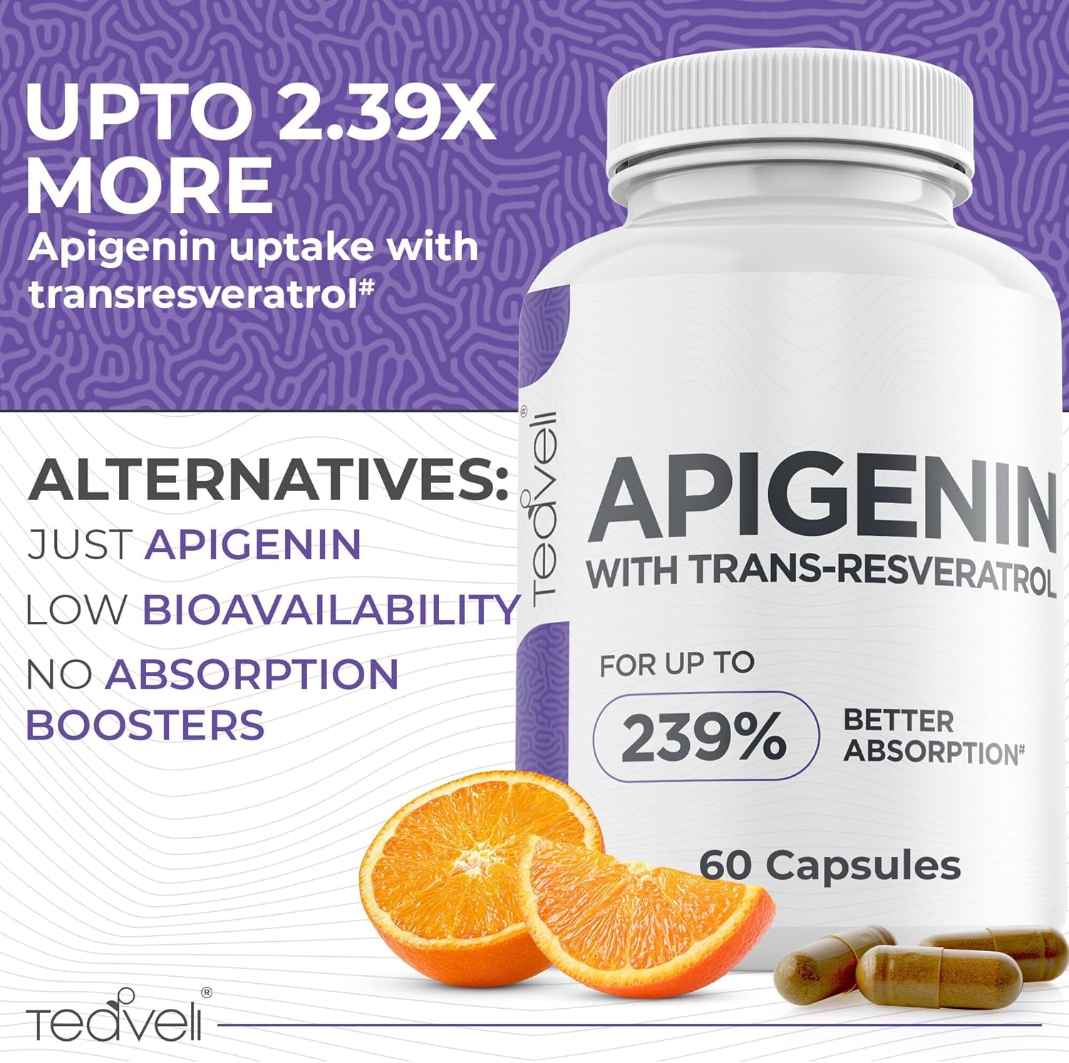Advanced Apigenin Supplement with Resveratrol for Sleep Support - 50mg Apigenin, Magnesium Threonate, L Theanine - 60 Capsules (Vegan)