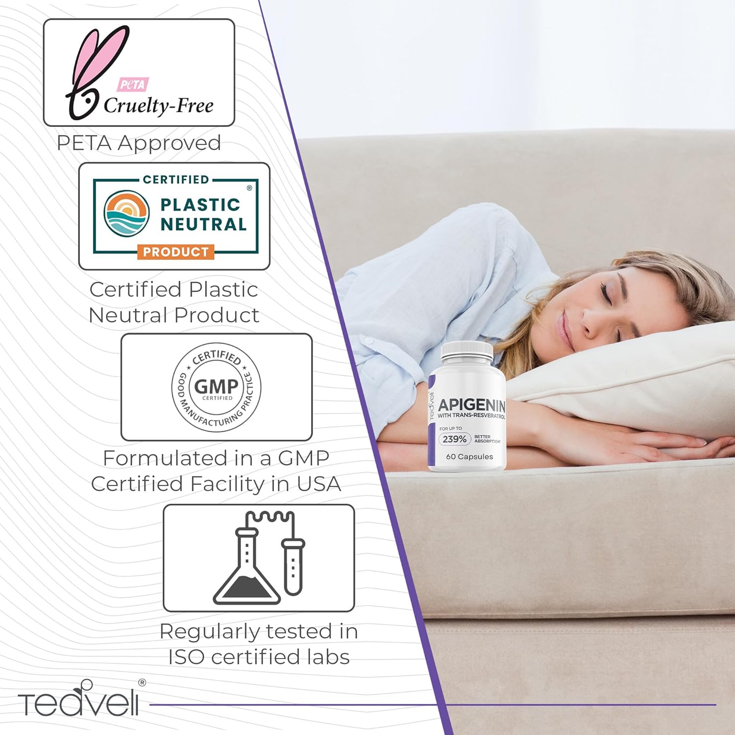 Advanced Apigenin Supplement with Resveratrol for Sleep Support - 50mg Apigenin, Magnesium Threonate, L Theanine - 60 Capsules (Vegan)