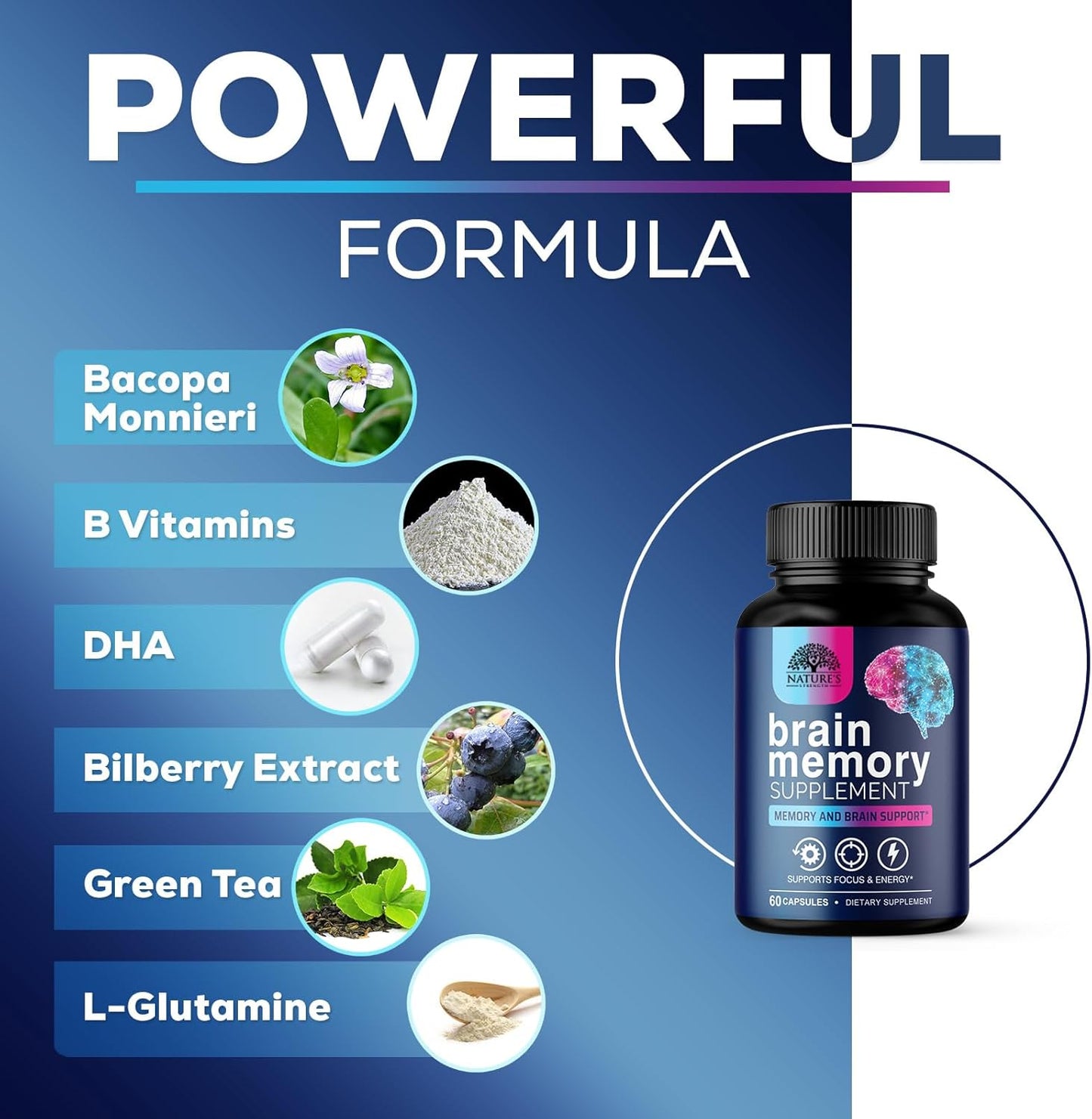 Advanced Cognitive Formula Brain Supplements for Memory, Focus & Energy - Supports Concentration, Clarity - Memory Vitamins with Bacopa & More - 60 Capsules