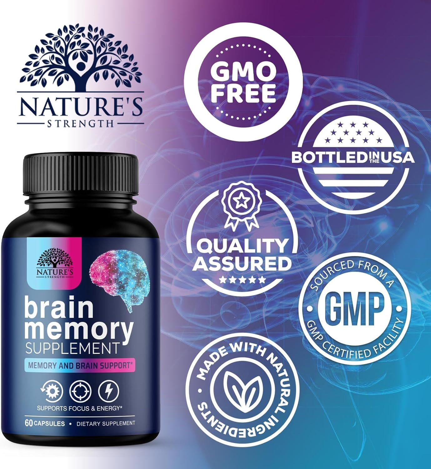 Advanced Cognitive Formula Brain Supplements for Memory, Focus & Energy - Supports Concentration, Clarity - Memory Vitamins with Bacopa & More - 60 Capsules