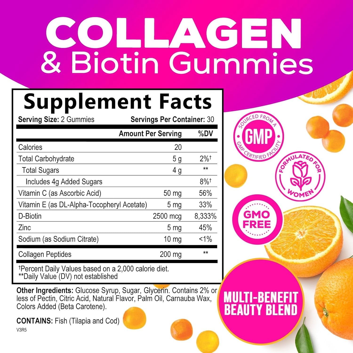 Advanced Collagen Gummies with Biotin, Vitamin C, and Zinc for Hair, Skin & Nail Growth - 60 Count