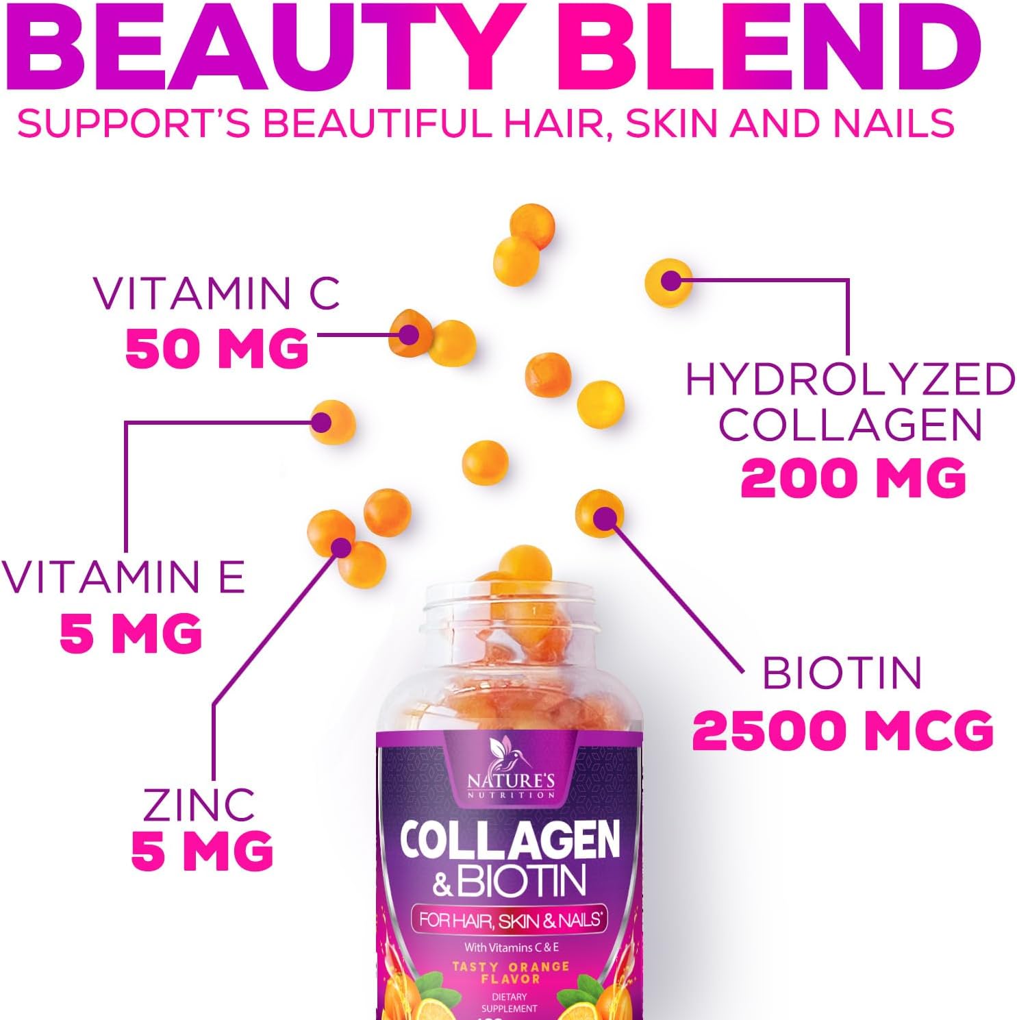 Advanced Collagen Gummies with Biotin, Vitamin C, and Zinc for Hair, Skin & Nail Growth - 60 Count