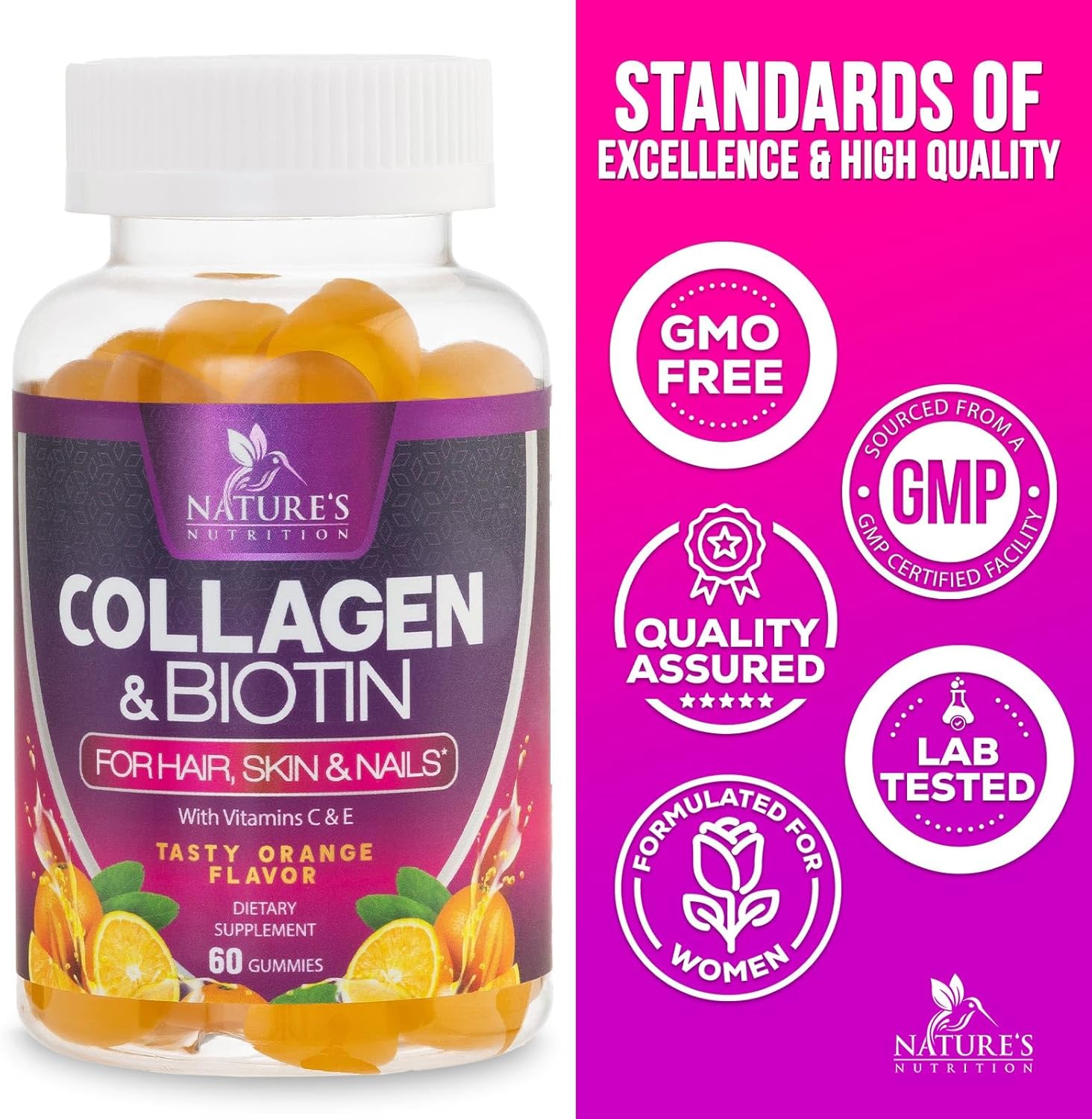 Advanced Collagen Gummies with Biotin, Vitamin C, and Zinc for Hair, Skin & Nail Growth - 60 Count
