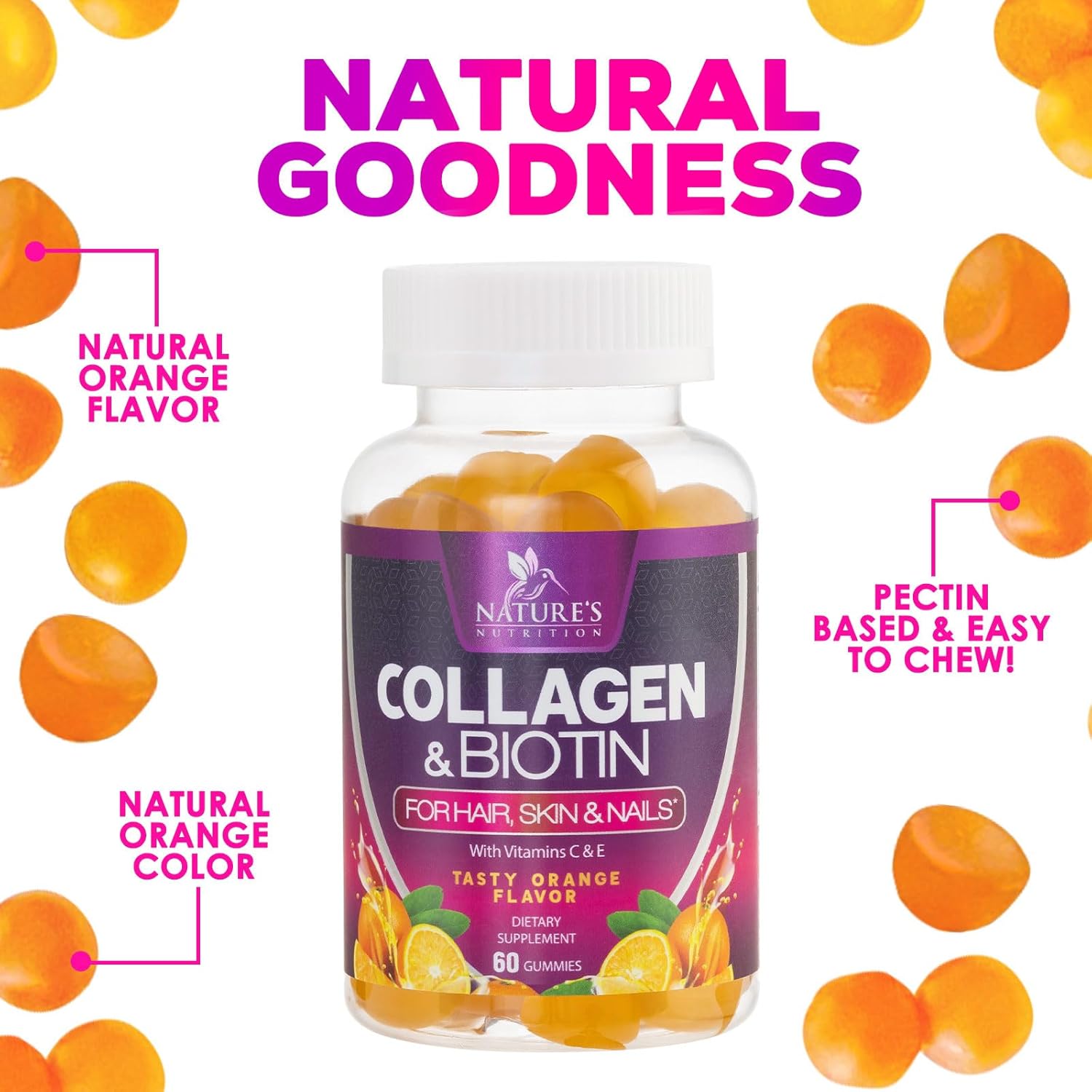 Advanced Collagen Gummies with Biotin, Vitamin C, and Zinc for Hair, Skin & Nail Growth - 60 Count