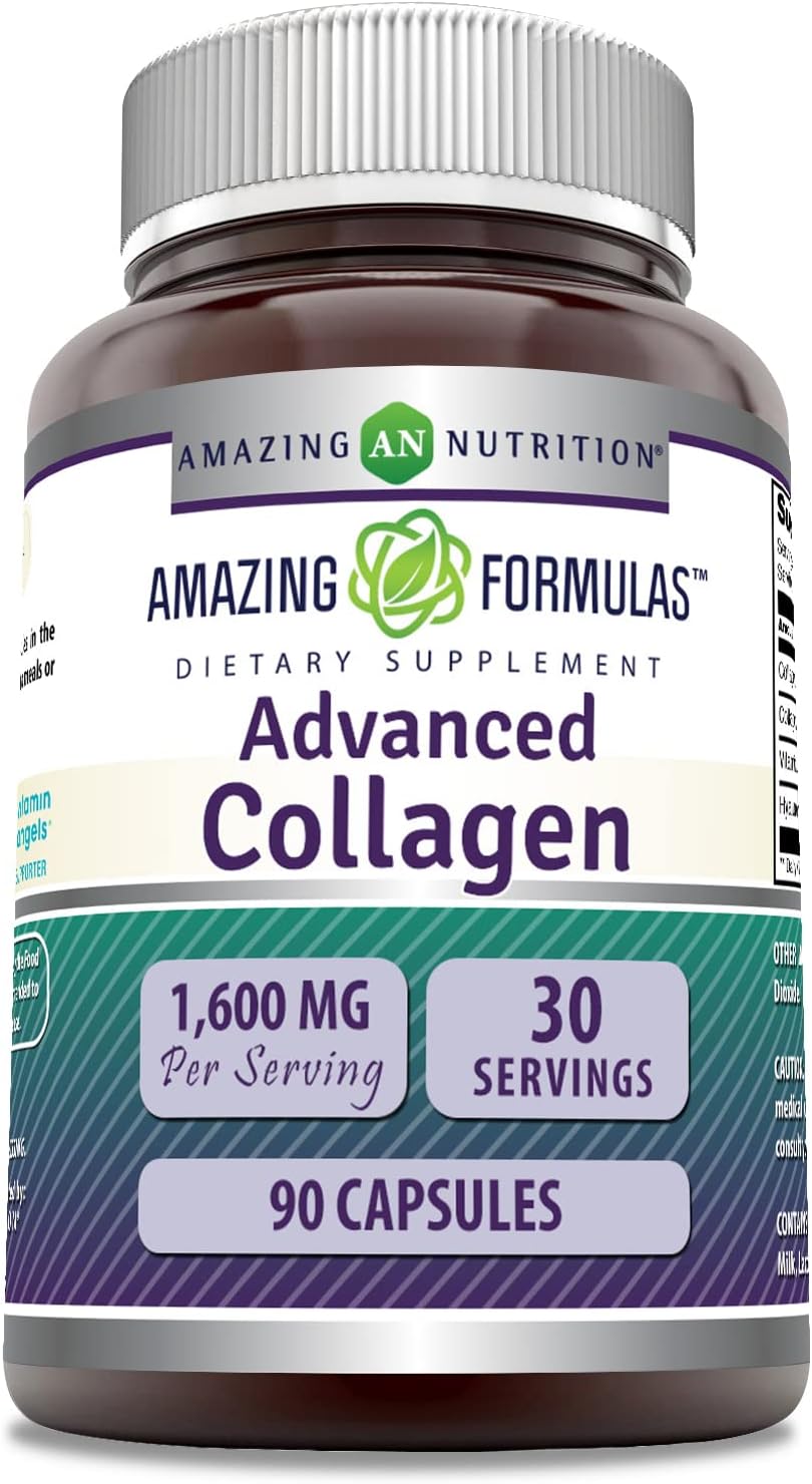 Advanced Collagen Supplement with Vitamin C & Hyaluronic Acid | 1600mg Per Serving | 90 Capsules | Non-GMO | Gluten-Free | Made in USA | Collagen Type I, II & III