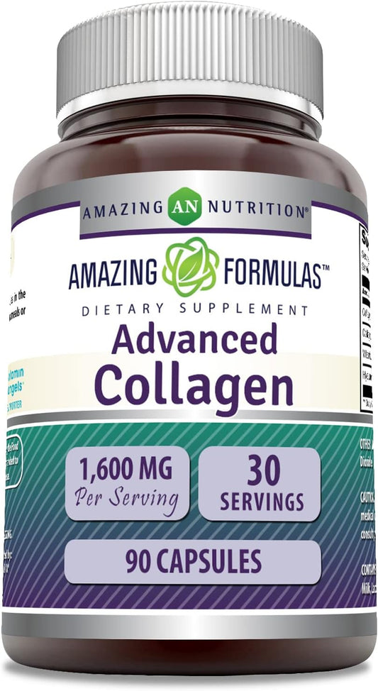 Advanced Collagen Supplement with Vitamin C & Hyaluronic Acid | 1600mg Per Serving | 90 Capsules | Non-GMO | Gluten-Free | Made in USA | Collagen Type I, II & III