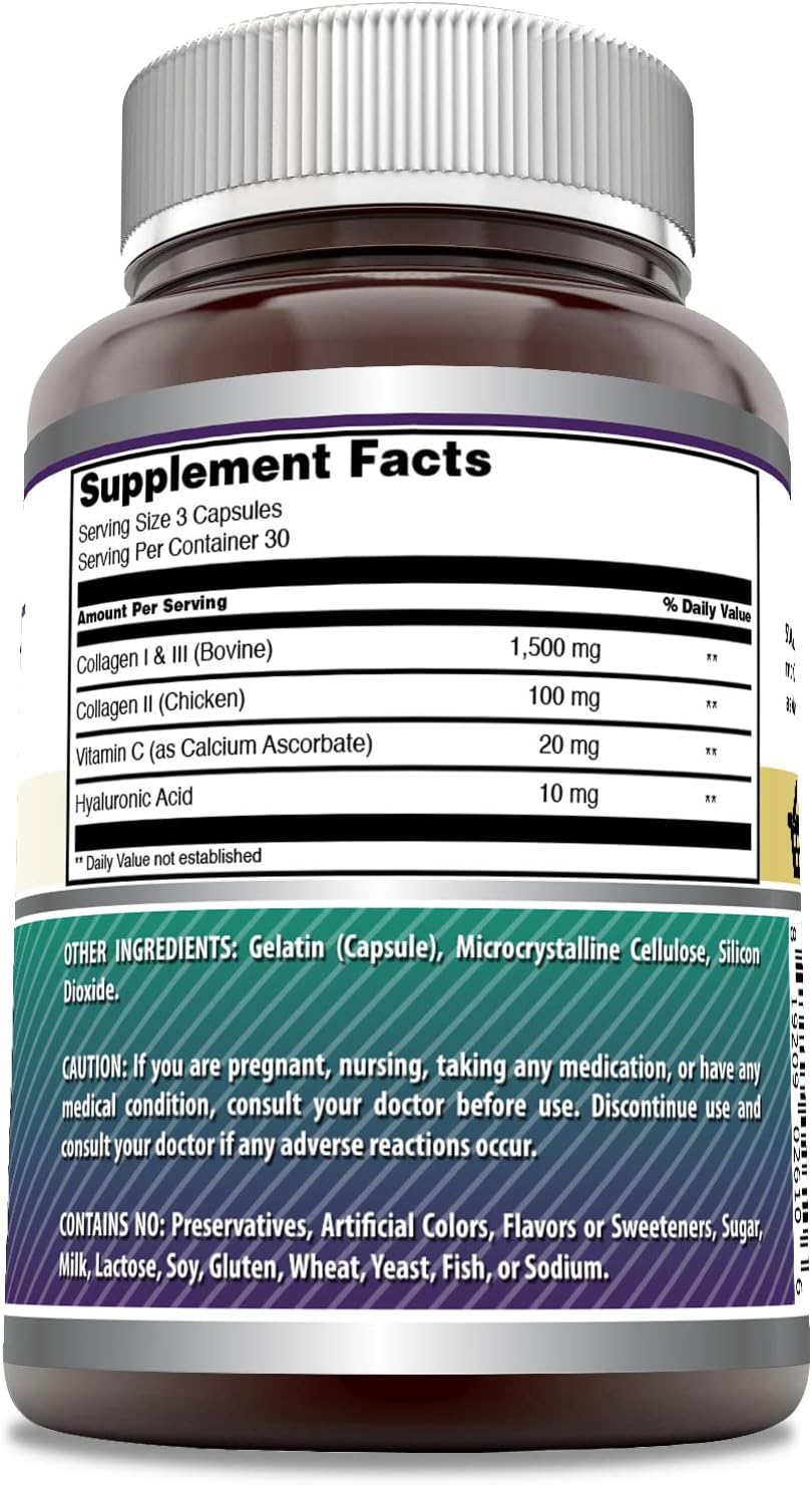 Advanced Collagen Supplement with Vitamin C & Hyaluronic Acid | 1600mg Per Serving | 90 Capsules | Non-GMO | Gluten-Free | Made in USA | Collagen Type I, II & III