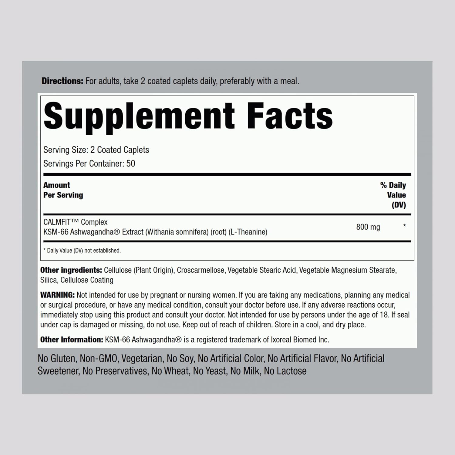 Advanced Complex Ashwagandha L-Theanine Supplement 800mg | 100 Caplets | Root Extract | Vegan, Non-GMO | Piping Rock