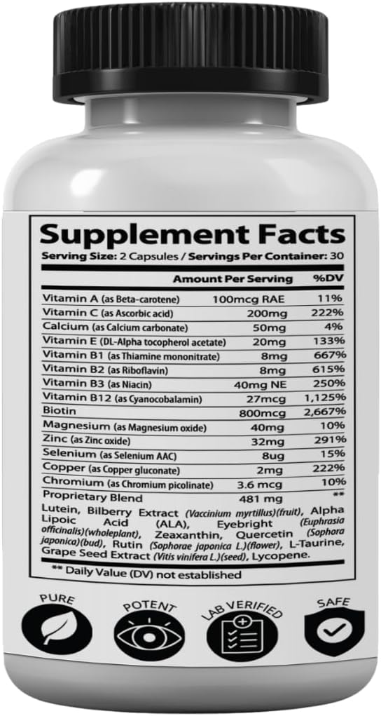 Advanced Eye Health Supplement with Enhanced Absorption - AREDS 2 Plus Formula with Lutein, Zeaxanthin, Bilberry, Eyebright, Zinc, ALA, Quercetin & More