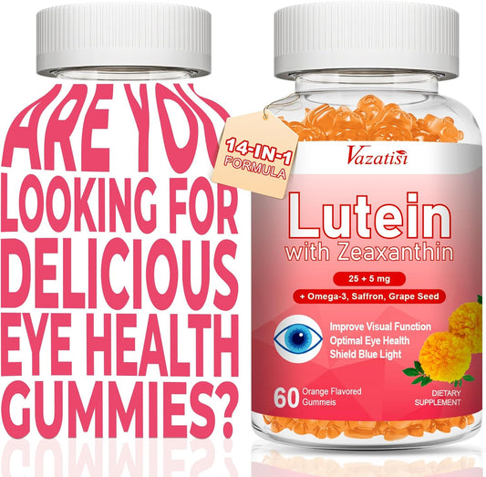 Advanced Eye Vitamin Supplement Gummies with Lutein, Zeaxanthin, Bilberry, Saffron, Grape Seed, Omega 3 - Orange Flavor, 120 Count