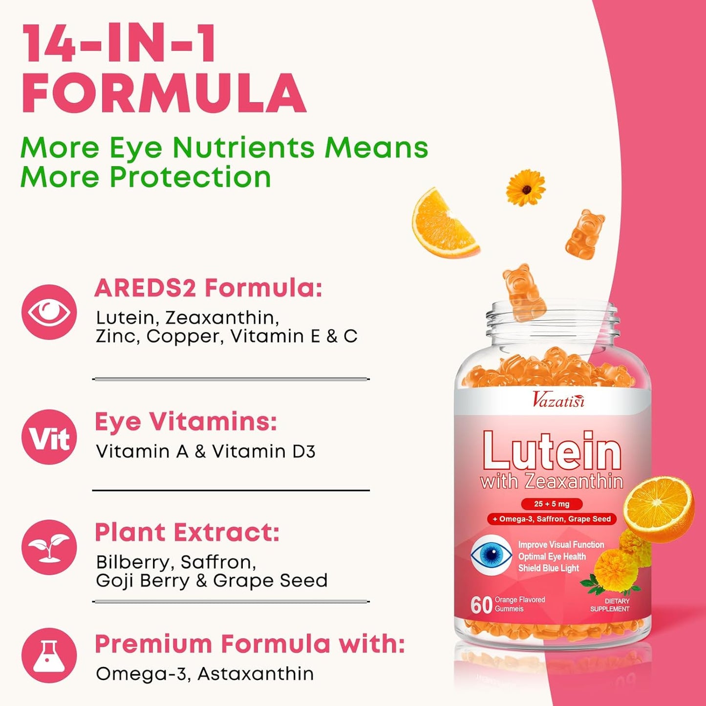 Advanced Eye Vitamin Supplement Gummies with Lutein, Zeaxanthin, Bilberry, Saffron, Grape Seed, Omega 3 - Orange Flavor, 120 Count