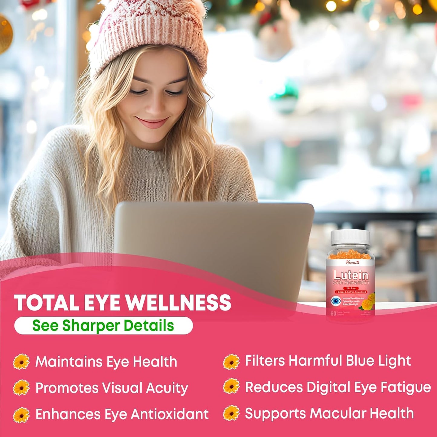 Advanced Eye Vitamin Supplement Gummies with Lutein, Zeaxanthin, Bilberry, Saffron, Grape Seed, Omega 3 - Orange Flavor, 120 Count