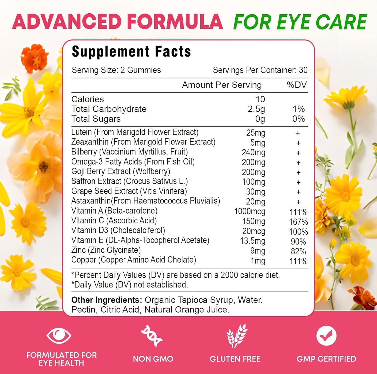 Advanced Eye Vitamin Supplement Gummies with Lutein, Zeaxanthin, Bilberry, Saffron, Grape Seed, Omega 3 - Orange Flavor, 120 Count