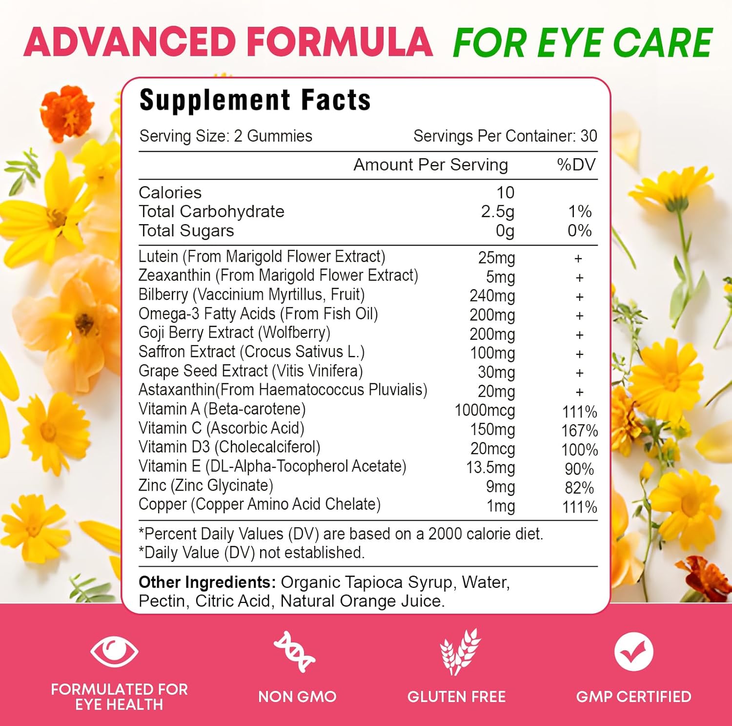 Advanced Eye Vitamin Supplement Gummies with Lutein, Zeaxanthin, Bilberry, Saffron, Grape Seed, Omega 3 - Orange Flavor, 120 Count