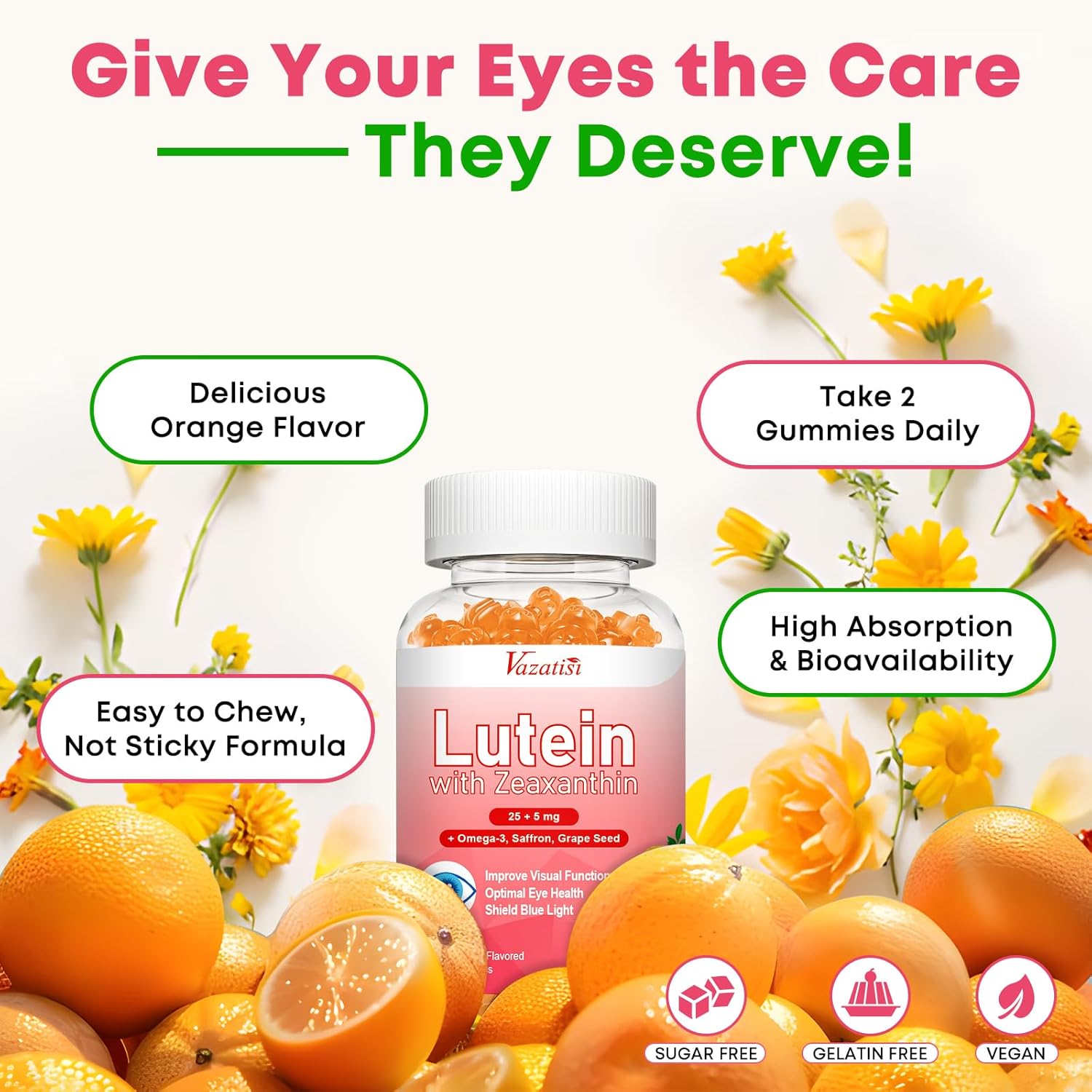 Advanced Eye Vitamin Supplement Gummies with Lutein, Zeaxanthin, Bilberry, Saffron, Grape Seed, Omega 3 - Orange Flavor, 120 Count