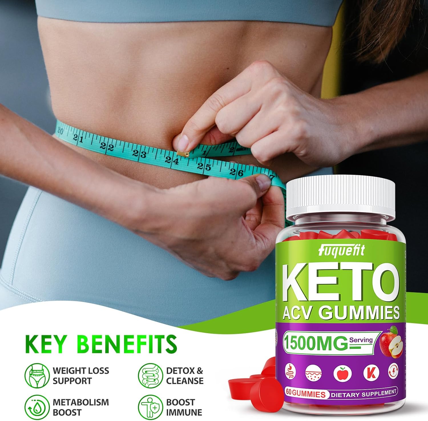 Advanced Formula Fuquefit 1500mg Keto ACV Gummies with B6, B12, Pomegranate & Beet Juice - 60 Count Vegan Gummies