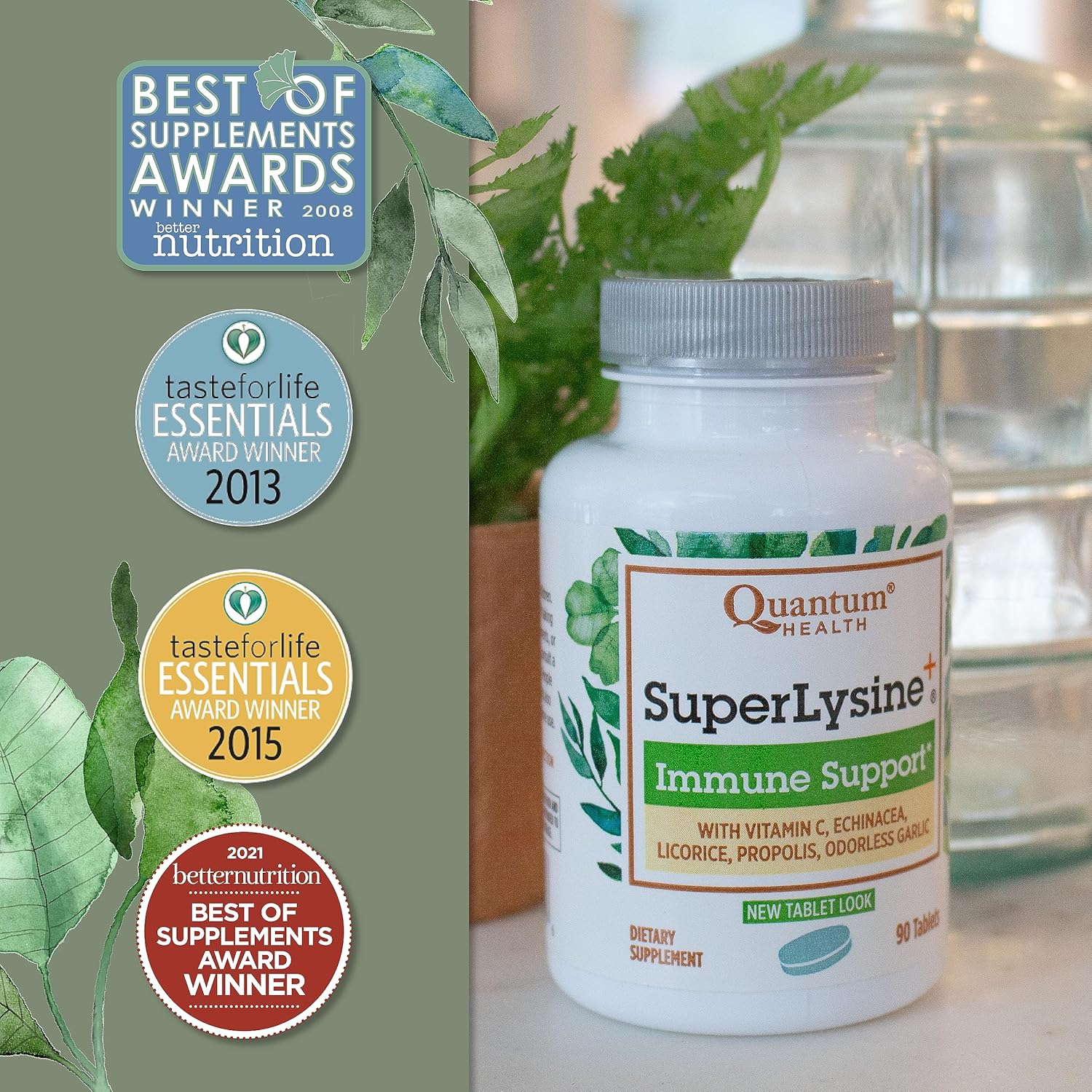Advanced Formula Quantum Health Super Lysine+ Immune Support with Vitamin C, Echinacea, Licorice, Propolis, Odorless Garlic - 90 Tablets