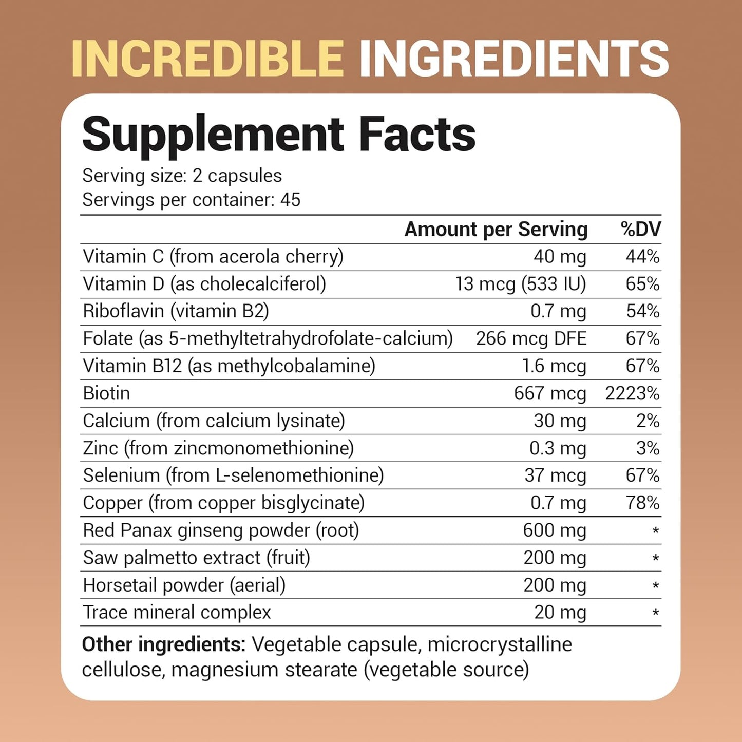 Advanced Hair, Skin, & Nails Vitamins with Biotin, Saw Palmetto, DHT Blocker - 90 Veg Capsules