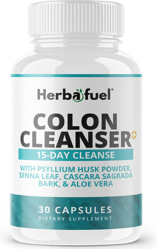 Advanced Herbafuel Colon Cleanse with Psyllium Husk Powder, Probiotics - Detox & Gut Health Support - Non-GMO Formula, 30 Capsules