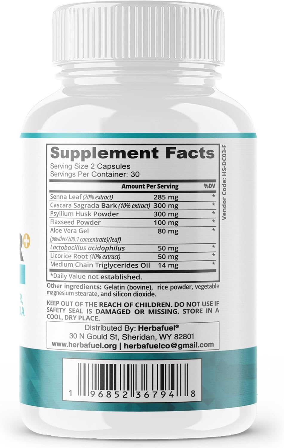 Advanced Herbafuel Colon Cleanse with Psyllium Husk Powder, Probiotics - Detox & Gut Health Support - Non-GMO Formula, 30 Capsules