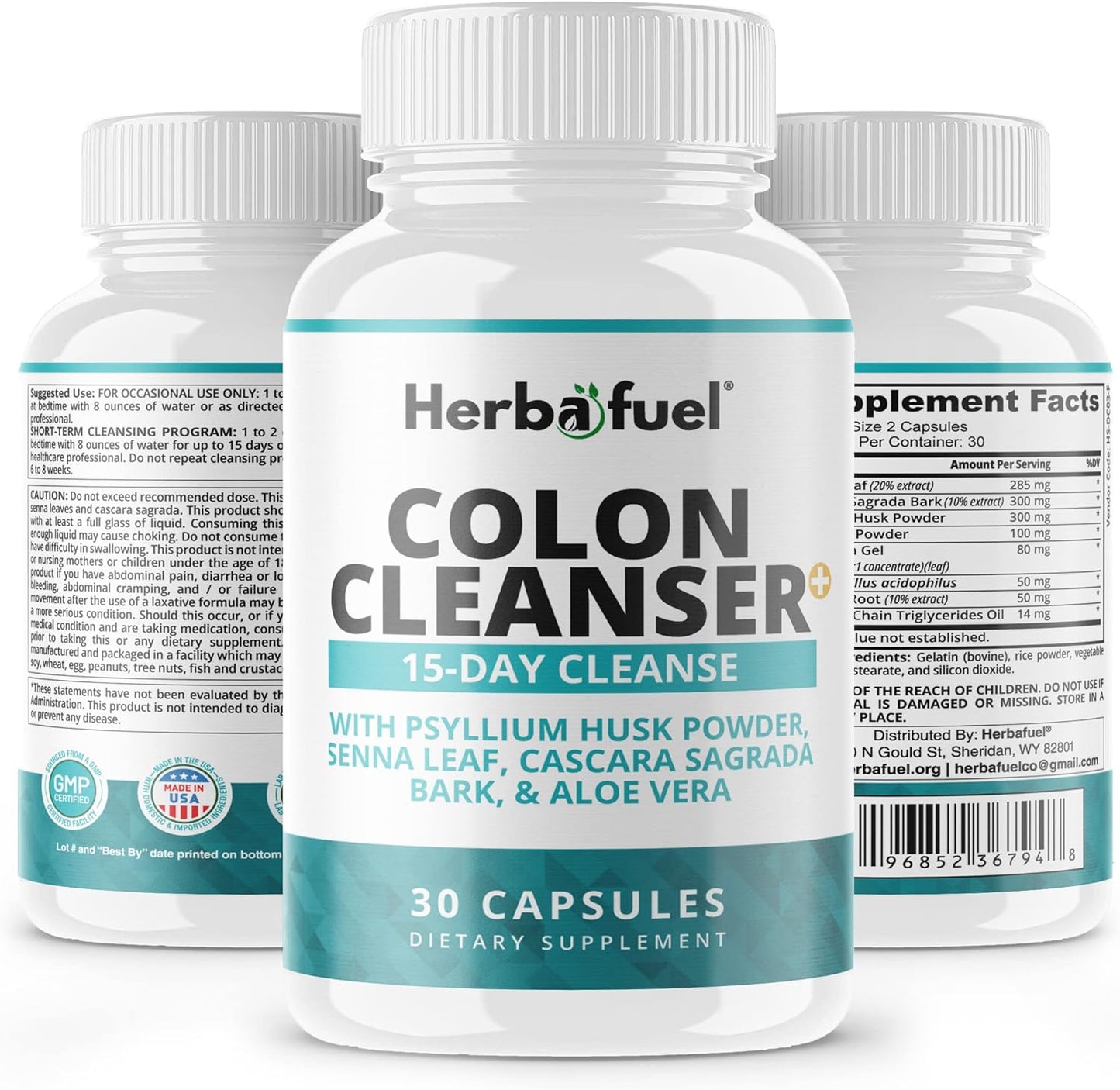 Advanced Herbafuel Colon Cleanse with Psyllium Husk Powder, Probiotics - Detox & Gut Health Support - Non-GMO Formula, 30 Capsules