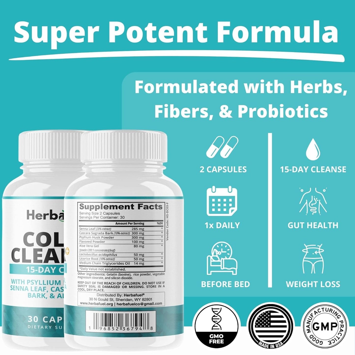 Advanced Herbafuel Colon Cleanse with Psyllium Husk Powder, Probiotics - Detox & Gut Health Support - Non-GMO Formula, 30 Capsules