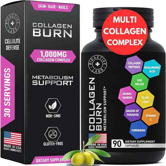 Advanced Hydrolyzed Collagen Capsules with Thermogenic Blend - Supports Metabolism, Cellulite, Skin, Hair, Nails - 90 Capsules