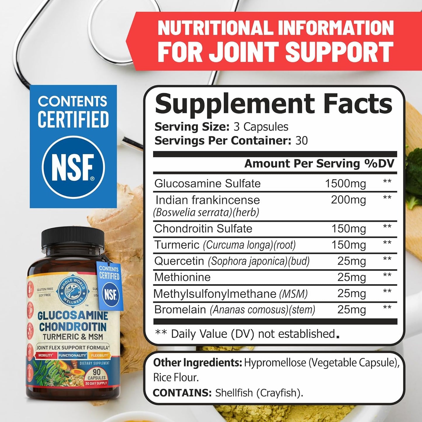 Advanced Joint Support Supplement with Glucosamine Chondroitin MSM Turmeric Boswelia - NSF Certified, USA Made (90 Count)