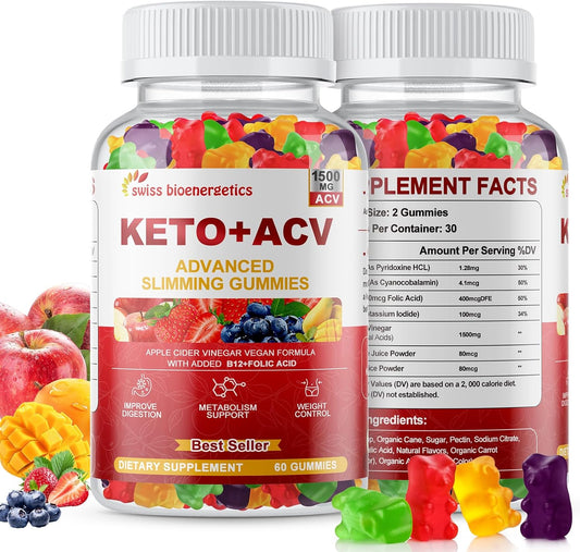 Advanced Keto Apple Cider Vinegar Gummies - 1500mg with B12, B6, Folate - Vegan & Non-GMO - Keto Support for Men and Women