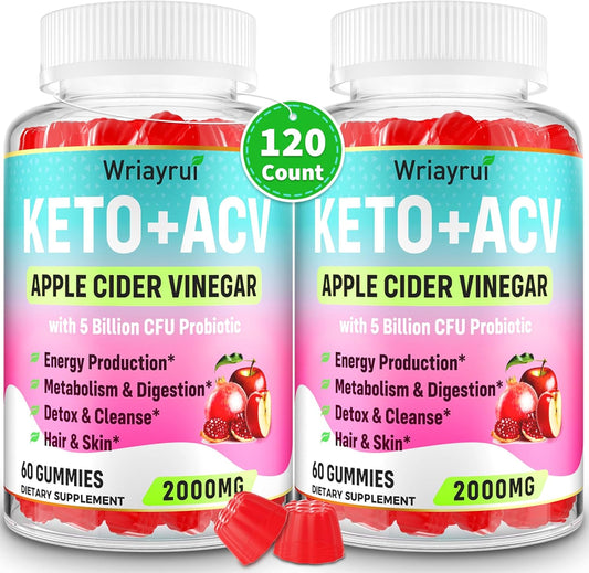 Advanced Keto Apple Cider Vinegar Gummies with Green Tea, B6 & B12 - 2 Pack, 120 Count - Detox, Cleanse, Metabolism Boost & Digestion Support, Probiotics Included