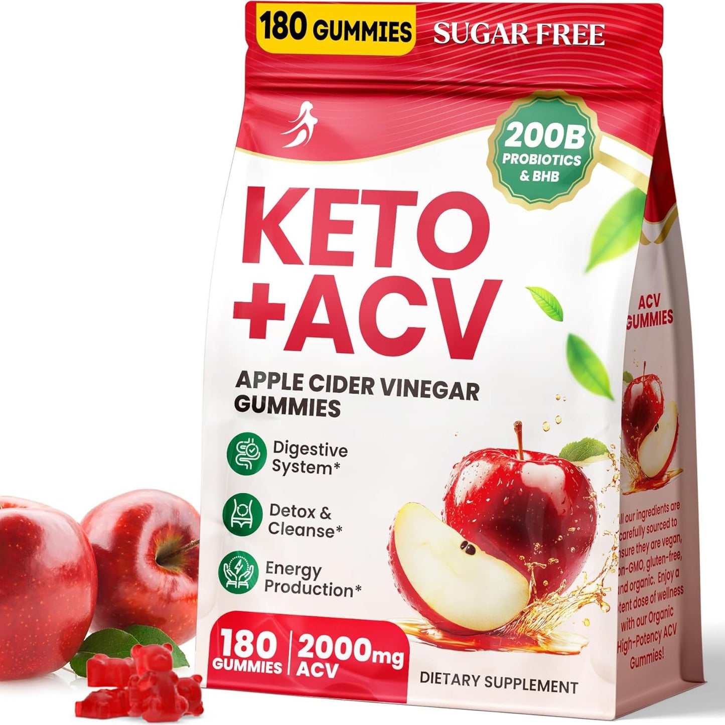 Advanced Keto Apple Cider Vinegar Gummies with Probiotics, BHB, B12 - 2000mg ACV Gummy for Detox, Cleanse, Metabolism - Sugar Free - 180 Count