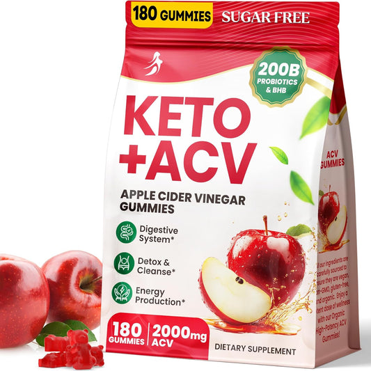 Advanced Keto Apple Cider Vinegar Gummies with Probiotics, BHB, B12 - 2000mg ACV Gummy for Detox, Cleanse, Metabolism - Sugar Free - 180 Count