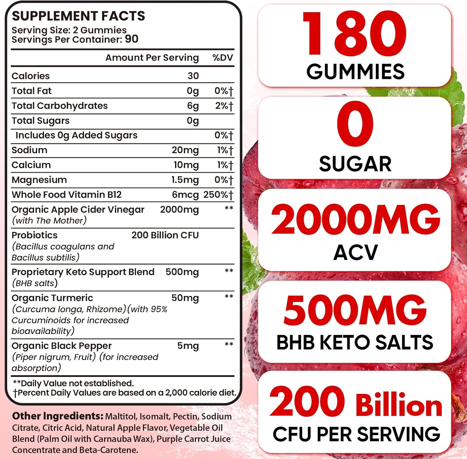 Advanced Keto Apple Cider Vinegar Gummies with Probiotics, BHB, B12 - 2000mg ACV Gummy for Detox, Cleanse, Metabolism - Sugar Free - 180 Count